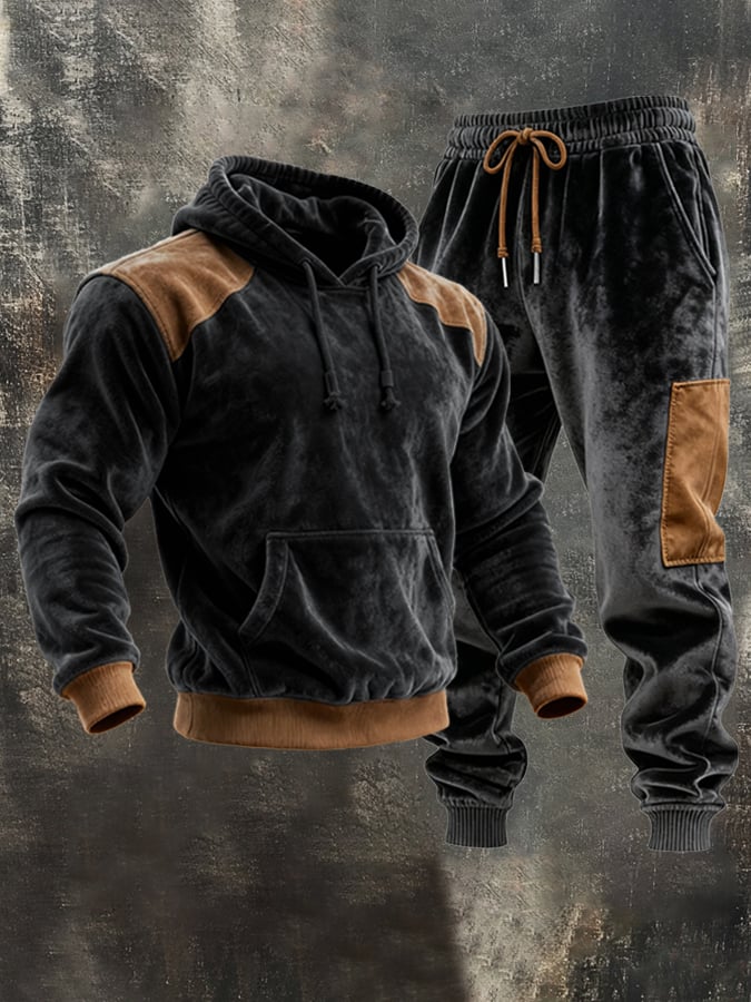 Arno® | Herren Retro Samt Kontrast Kapuzen Sweatshirt Set