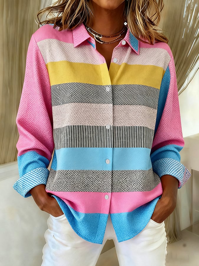 Gerlinde® | Damen Freizeit Hemd mit gestreiftem Druck und Revers, Langarm