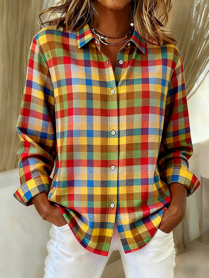 Isolde® | Damen Karo-Druck Freizeit Hemd mit Revers