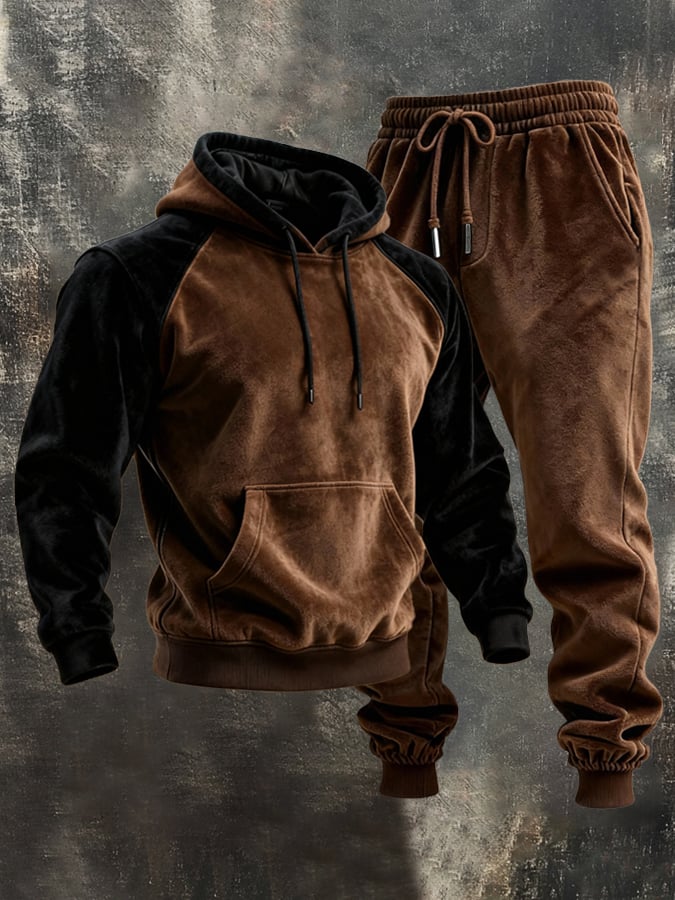 Clemens® | Herren Retro-Stitching Kontrastfarbe Kapuzen Freizeit Sweatshirt Anzug