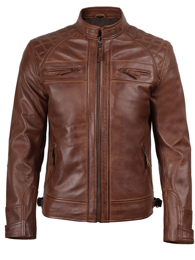 Hans® | Herren Cognacbraune Stepp-Leder-Bikerjacke