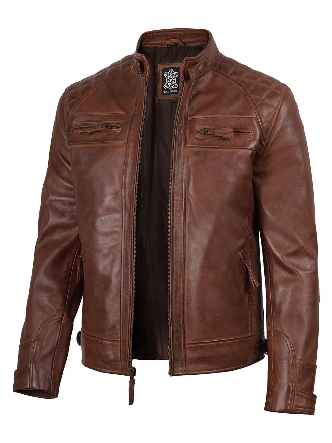 Hans® | Herren Cognacbraune Stepp-Leder-Bikerjacke