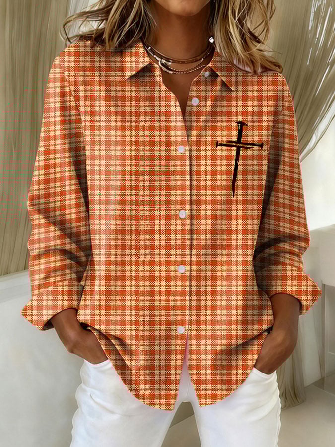 Elke® | Damen Herbst Erntedank Karo Kreuzdruck Lässiges Revershemd