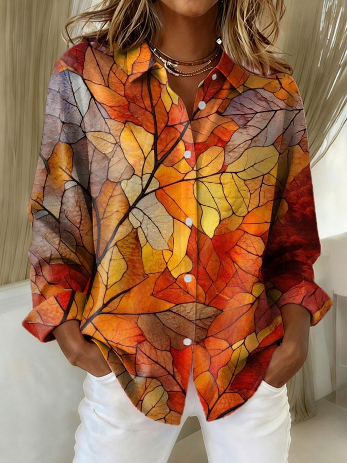 Hedwig® | Damen Herbst Erntedank Herbstblätter Druck Lässige Reversbluse