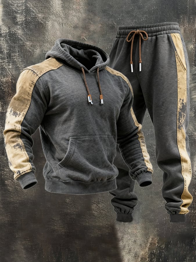 Bernhard® | Herren Retro Kapuzen-Sweatshirt-Anzug mit Kontrastfarben-Naht