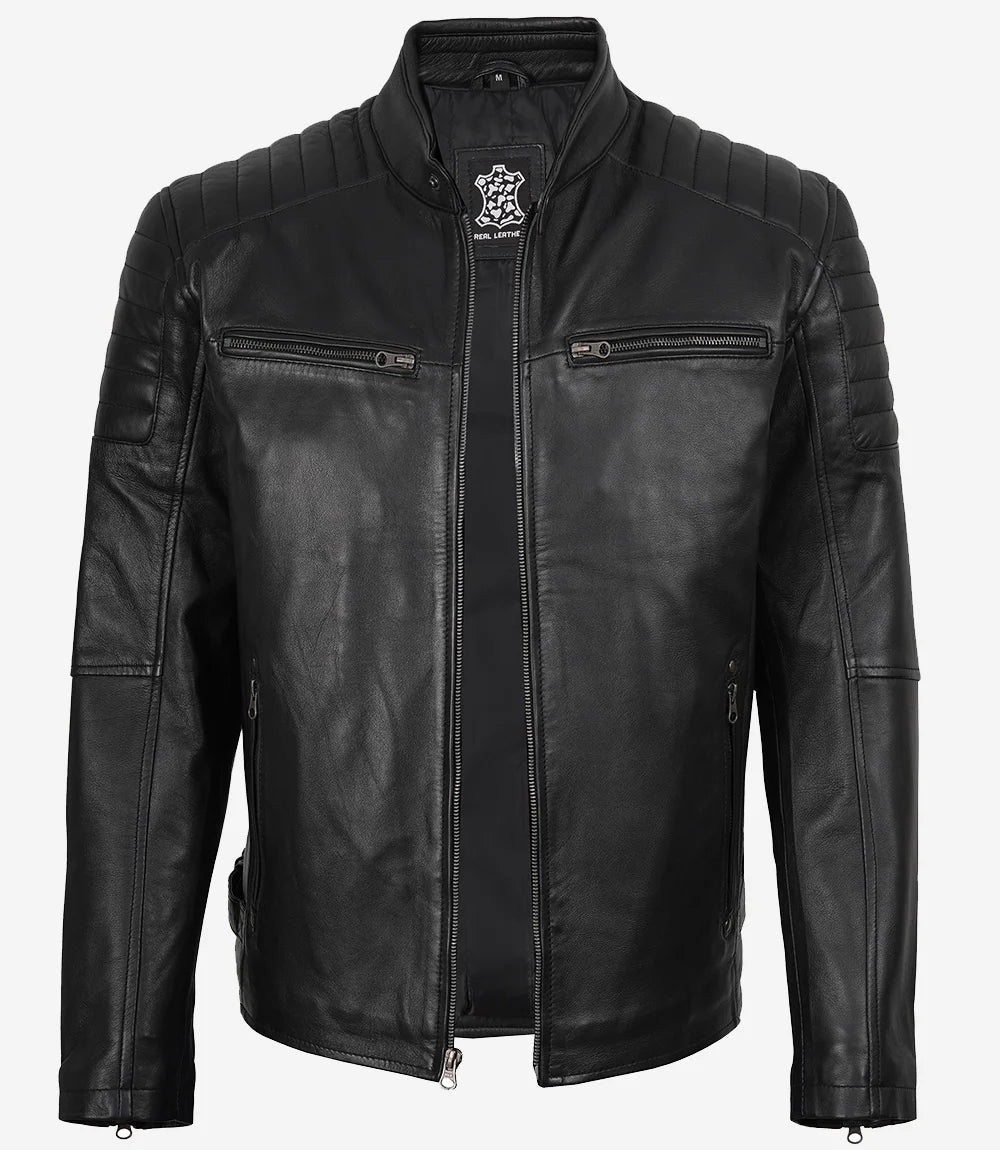 Ernst® | Herren Echtleder Cafe Racer Jacke mit Gepolsterten Schultern